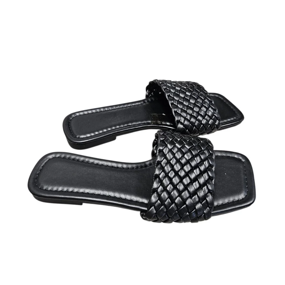 Slide Sandals Women 37 Black‎ Woven Braided Square Toe Flat Beachy Summer Chic